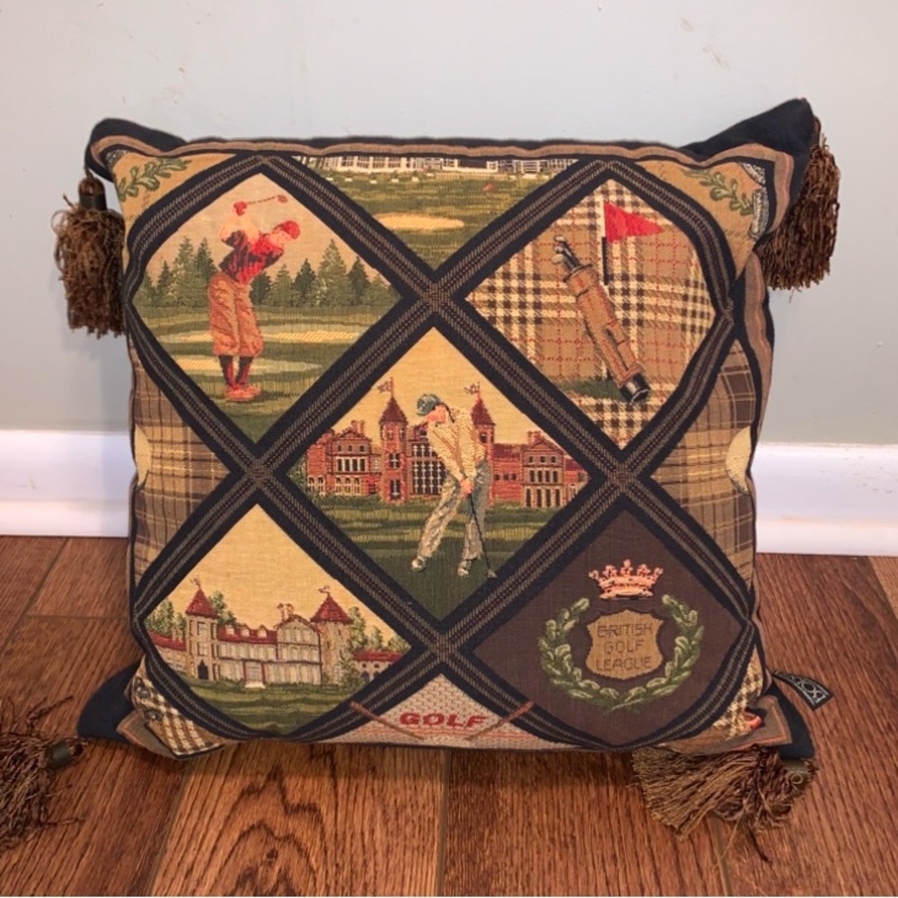 Borgata Beautiful Tapestry Accent Pillow: English Golf League: 14” X 14”.